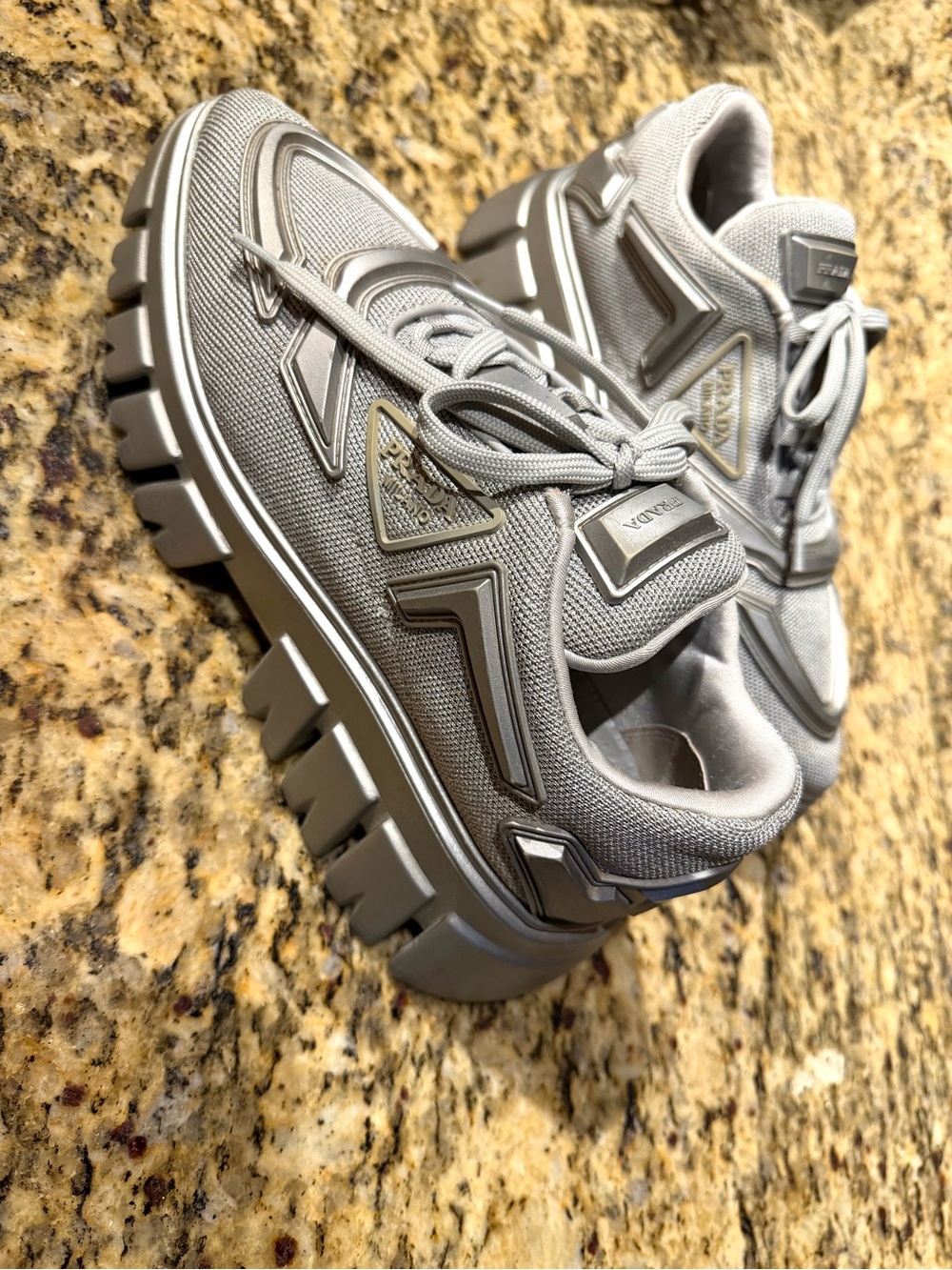 Prada Evolution Tech Women’s Chunky Lace-Up Sneakers in Light Gray and Silver - Picture 7 of 16